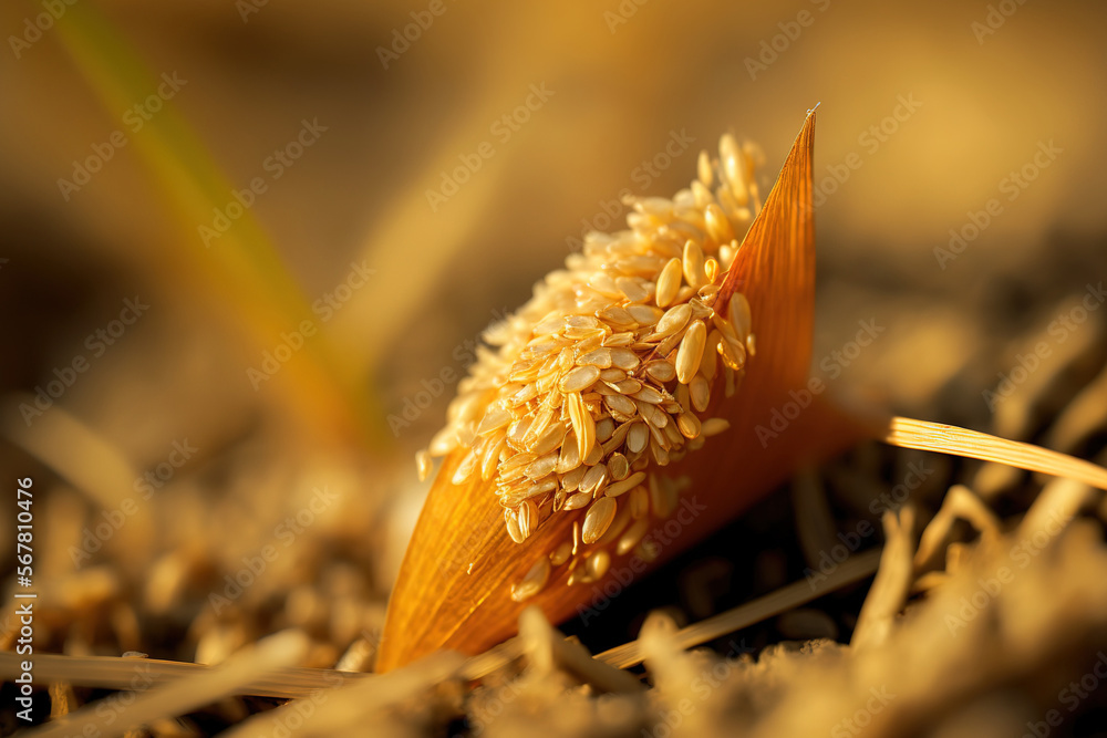 Rough rice. View of rice seeds up close in a paddy ear. Rice ear with
