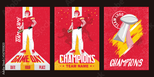 VECTORS. Poster templates for an American Football Team. Uniform colors: Red, yellow, white. Game Day, Super Bowl, Champions, trophy, winners, invitation, flyer, ad, watch party, social media kit