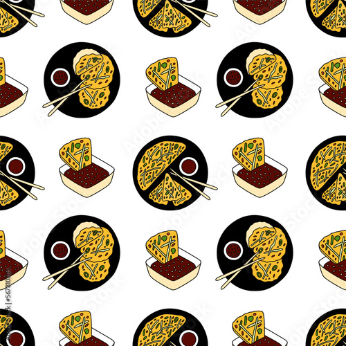 Pajeon, korean traditional food. Vector seamless pattern.