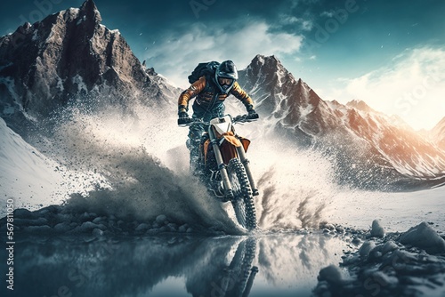 Extreme Motocross MX Rider riding on dirt water track ,snow mountains one the background , photography 8K,4K,HDR , High Detail ,Photorealistic,high quality ,Realistic, ultra detail,CGI, VFX, SFX --ar
