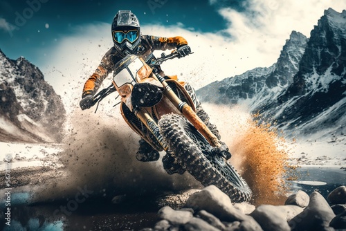 Extreme Motocross MX Rider riding on dirt water track ,snow mountains one the background ,Generative ai