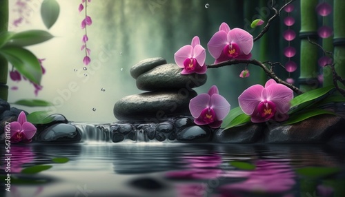 Zen spa stones with pink orchid and bamboo, generative ai