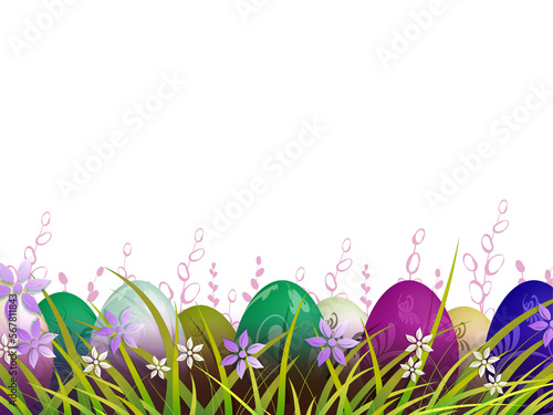 Easter composition with colorful eggs in grass flowers.