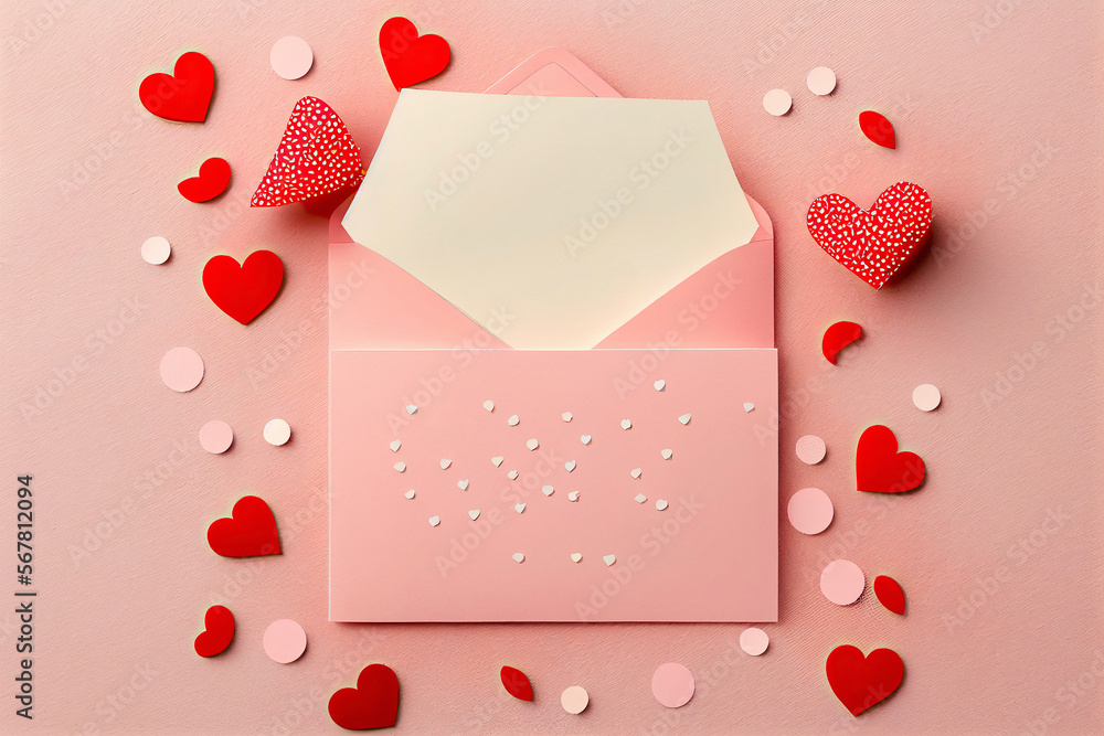Lettera aperta per San Valentino su fondo rosa con cuori rossi, bianchi e rosa Lettera aperta per San Valentino su fondo rosa con cuori rossi, bianchi e rosa