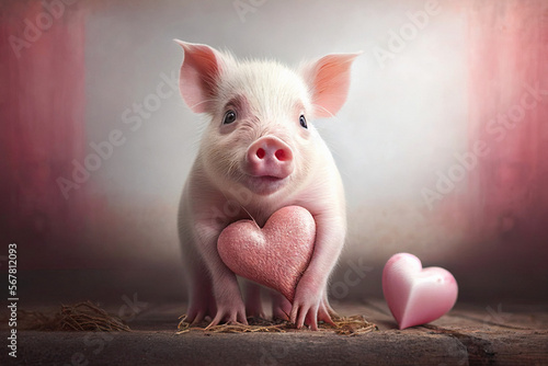 Piccolo maiale per san valentino su un piano in legno con un cuore tra le zampe photo