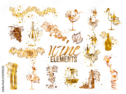 Wine Designs - Collection of wine glasses and bottles. Hand drawn elements for invitation cards, advertising banners, menus in gold style. Wine glasses with splashing wine. Sketch vector illustration