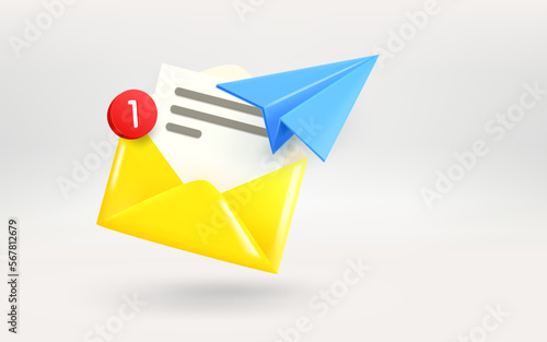 Yellow envolope and blue plane. Sending or receiving a new message concept. 3d vector illustration