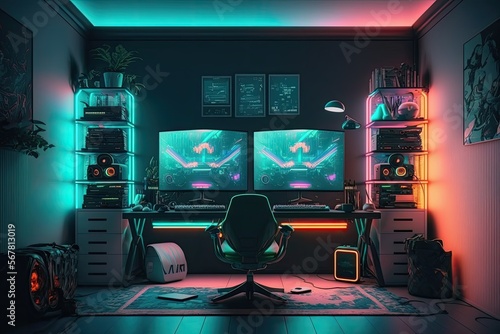 Gamers room, game room, computers, neon, very high quality. 4K, hyper realistic, details, modern style. Generative AI.