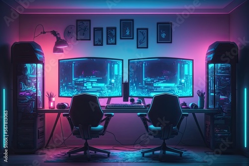 Gamers room, game room, computers, neon, very high quality. 4K, hyper realistic, details, modern style. Generative AI.