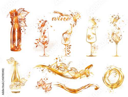 Wine Designs - Collection of wine glasses and bottles. Hand drawn elements for invitation cards, advertising banners, menus in gold style. Wine glasses with splashing wine. Sketch vector illustration