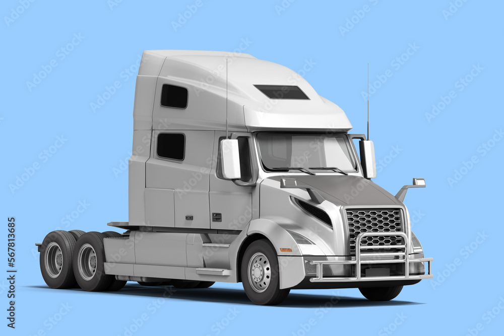 White semi truck with black inserts with carrying capacity of up to five tons front view 3d render on blue background White semi truck with black inserts with carrying capacity of up to five tons front view 3d render on blue background