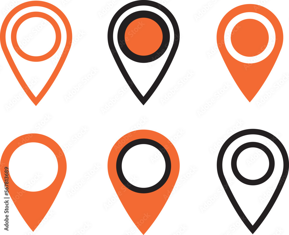Map pin sign location icon with gray shadow in flat simple style. Four variants in two color black and orange rounded shapes isolated on white background. Vector illustration web design element 8 EPS