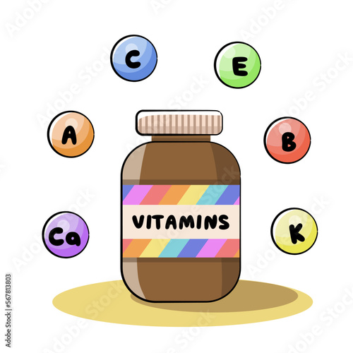 Hand drawn colorful cartoon vector illustration with vitamins bottle clipart
