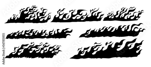 Hand drawn fire illustration on black background for element design. silhouette of flames in set.