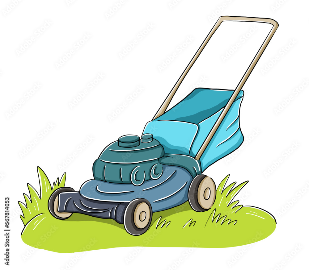 Lawn Mower Clip Art 875x1000 Hand drawn colorful cartoon vector illustration with lawnmower, mower  clipart Stock Vector | Adobe Stock