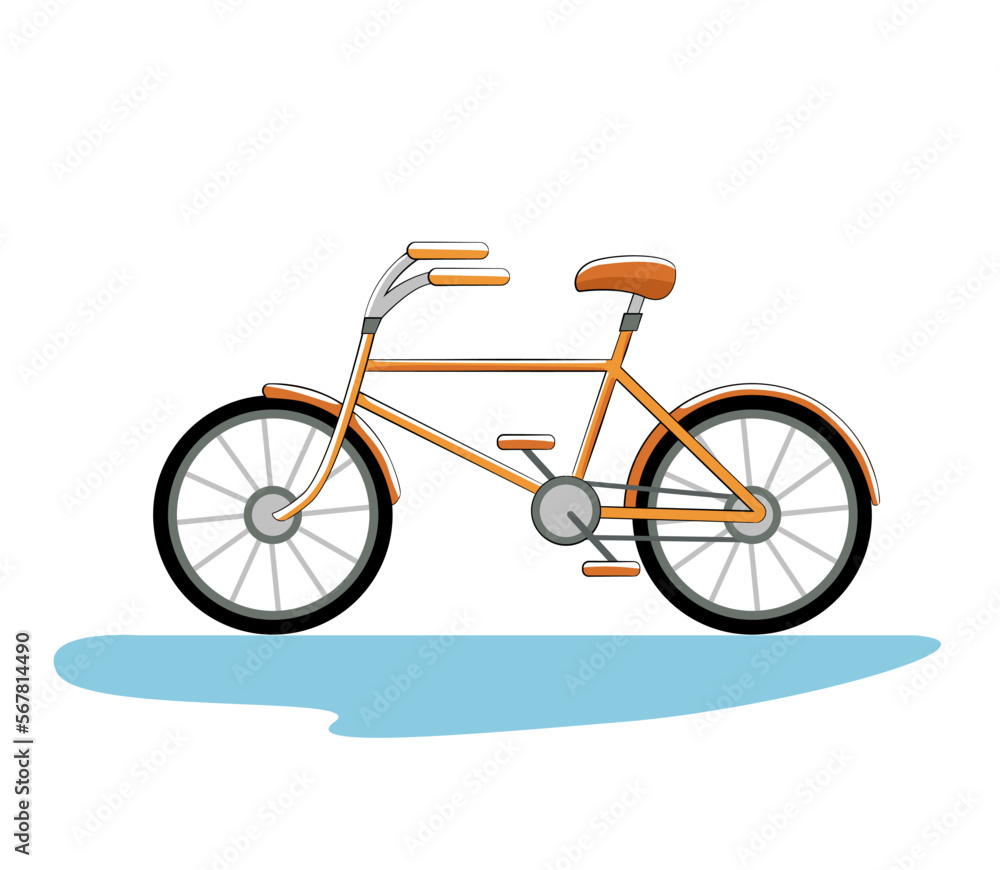 Hand drawn colorful cartoon vector illustration with bicycle on white background