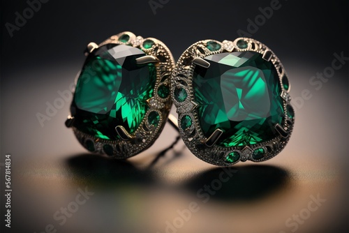 Cushion cut emerald and diamond earrings on black background created with generative AI technology