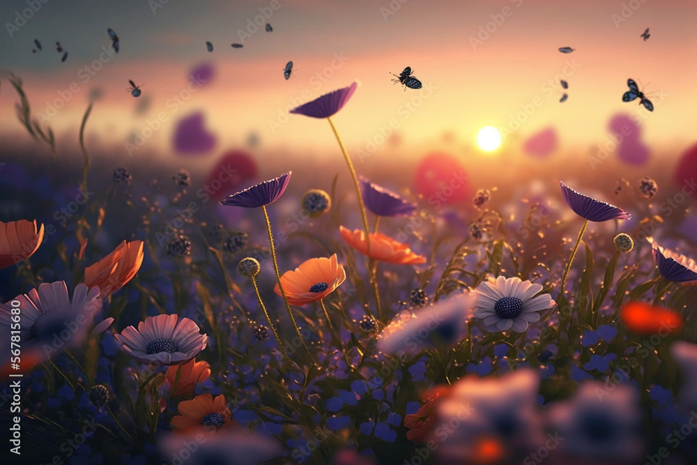 Beautiful spring filed with colorful flowers and flying petals. Generative ai.