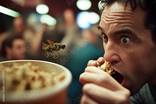 Mann verzehrt Insekten Heuschrecken zum Mittag Essen im Restaurant Nahaufnahme, ai generativ  photo