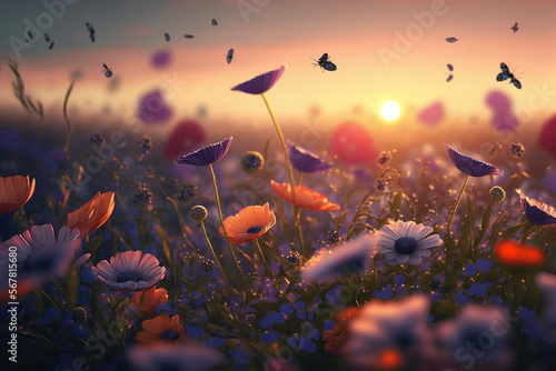 Beautiful spring filed with colorful flowers and flying petals. Generative ai.