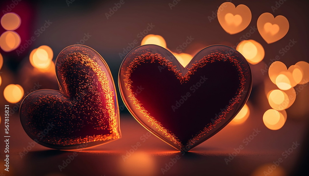 Fototapeta premium Saint Valentine day greeting card with two red hearts against festive bokeh background.