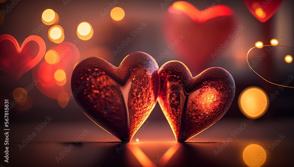 Saint Valentine day greeting card with two red hearts against festive bokeh background. Saint Valentine day greeting card with two red hearts against festive bokeh background.