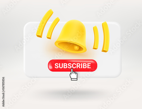 Pop up window with red button and yellow remainder bell. Subscribe concept. 3d vector illustration