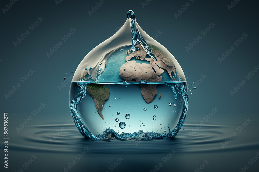 World water day. A globe in the shape of a drop of water. Saving water