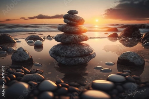Zen stones on the beach, balance in sunset, generative ai