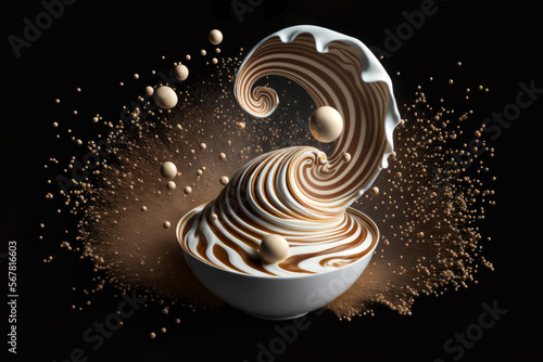 Splashes of milk and chocolate, template for cereals breakfast, generative ai