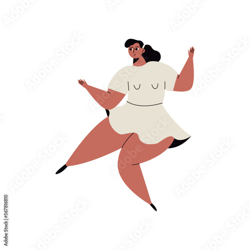 Dancing woman. Cartoon cute happy female character dance have fun, cheerful club dancer. Vector flat illustration