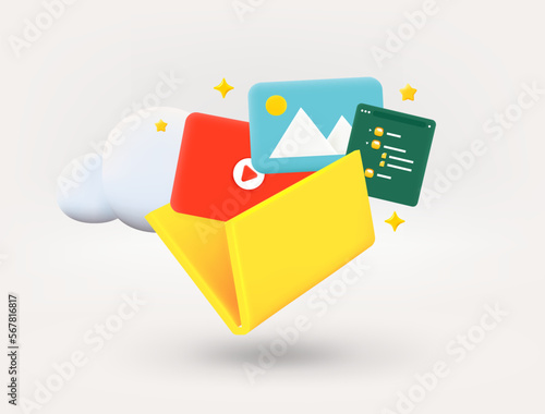 Yellow folder with galley, video and charts. New message concept. 3d vector illustration