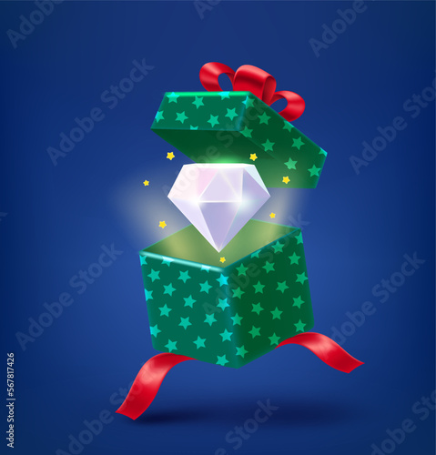 Open gift box with shining gem crystal. 3d vector illustration