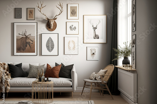 Mockup of a gallery wall in a living room decorated in a Scandi Boho manner. Generative AI photo