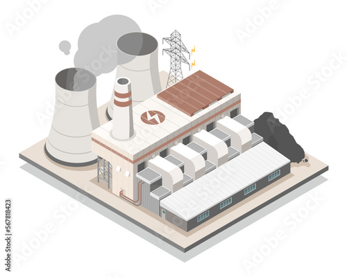Coal Fired Fossil Fuels electric electricity power plant dirty pollution energy wite smoke Climate Change concept isometric isolated illustration cartoon vector