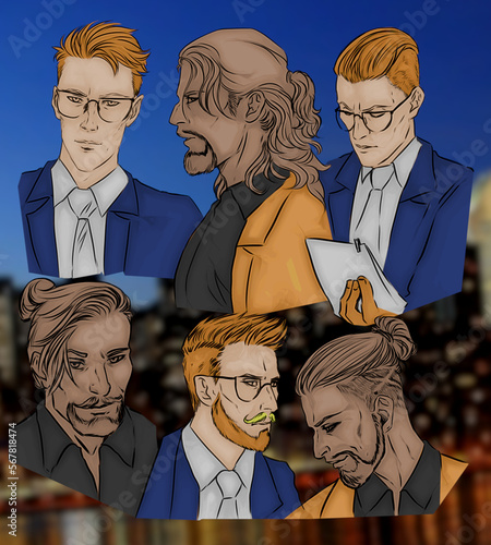 Digital illustration of six different hairstyles for men, both long and short hair