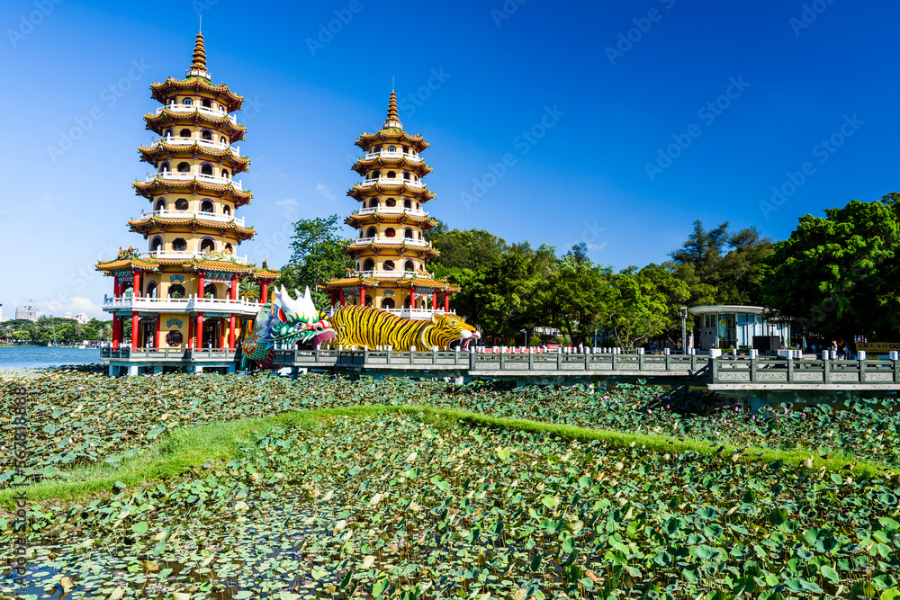 Architecture view of the Dragon and Tiger Pagodas in Lotus Pond(Lianchihtan) of Kaohsiung, Taiwan. it is a temple located at Lotus Pond.