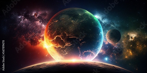 cosmic planets in space landscape panorama, generative art, generated ai