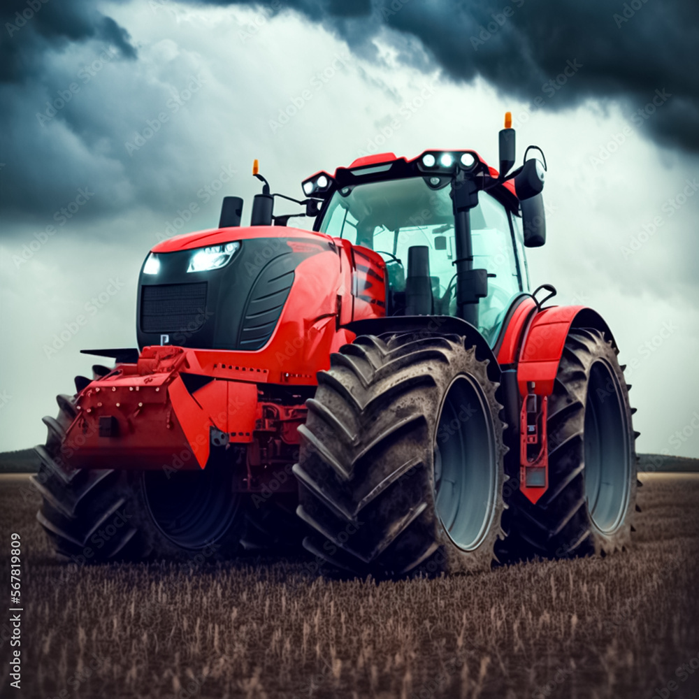 Obraz premium Modern red agricultural tractor. Agricultural tractor working in the field. Agricultural machinery work. generative AI