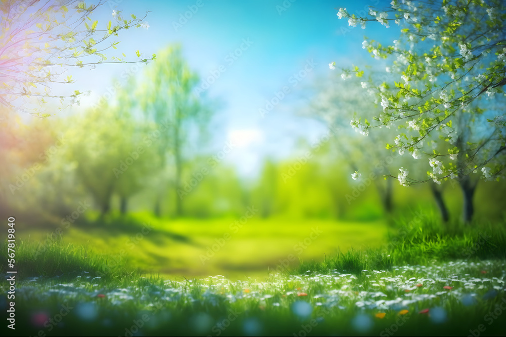 Obraz premium The blurred green of the leaves of trees in the sunlight and glare. Green blur nature background.Landscape of trees park