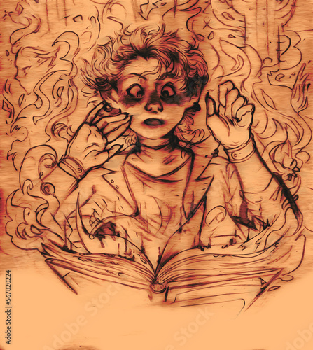 Illustration of a young person surprised by a book bursting into flames