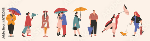 People with umbrellas. Cartoon characters holding parasols in rainy weather  man woman walking in downpour. Vector set