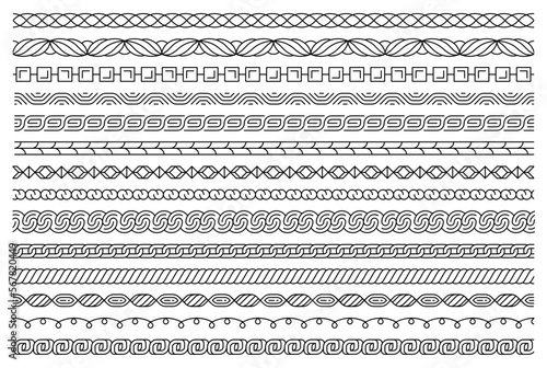 Plaits pattern. Set of rope and chain. Braid seamless borders. Graphic vector seamless illustrations