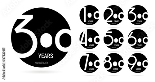 Jubilee pictorial icon set. Flat design. 100, 200, 300, 400, 500, 600, 700, 800, 900, birthday logo label, black and white printing. Vector illustration. Isolated on white background