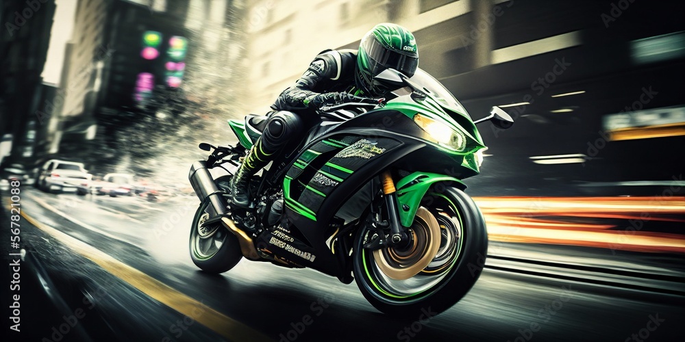 Sportliches Motorrad in Grün mit Fahrer, edel und schnell. ai generativ