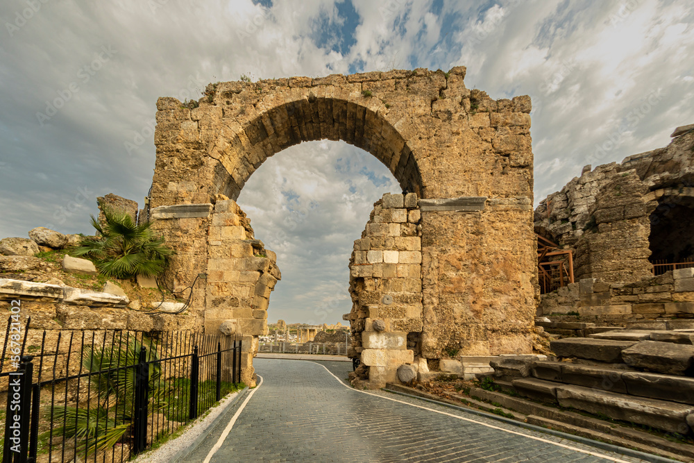 View of the ancient ruins in Antalya's Side district. Side ancient city