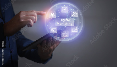 Digital online marketing, Businessman using tablet and analysis sale data graph growth on modern interface icons on strategy, Solution analysis and development contents on global network connection.