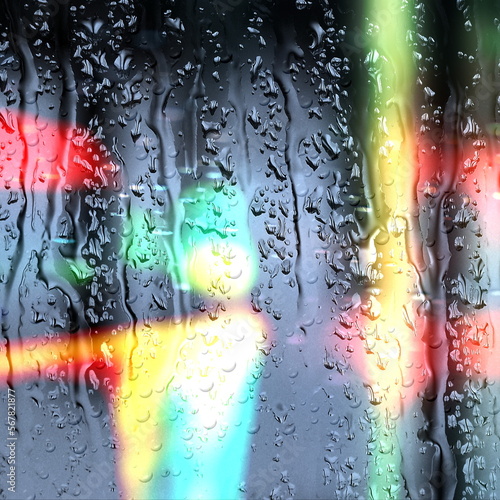 night city rain  car traffic blurred light rain drops on window glass defocuses  abstract background illustration  generated ai