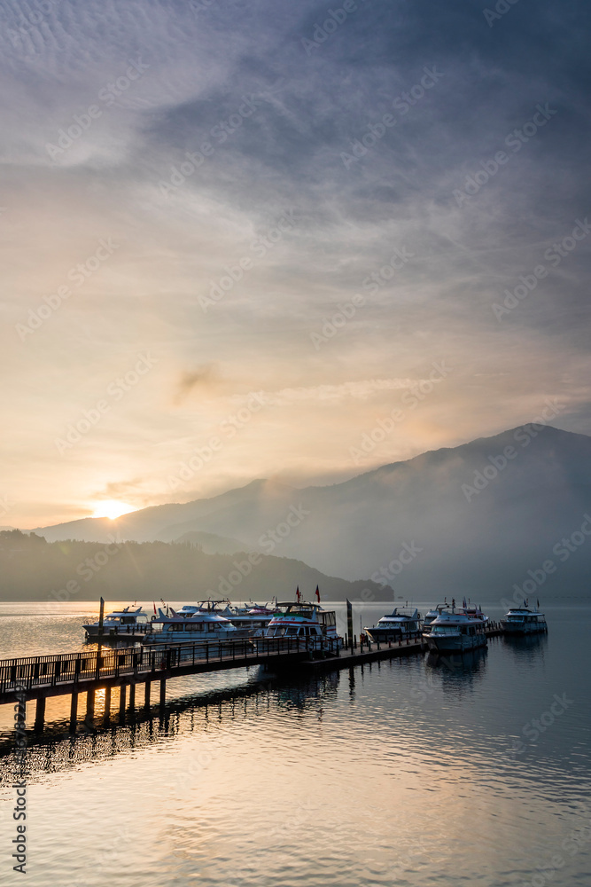 Sunrise view of yacht Marina in Sun Moon Lake, Nantou, Taiwan. it's a famous attraction in Taiwan.