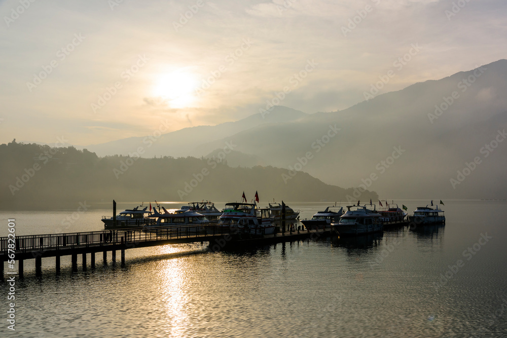 Sunrise view of yacht Marina in Sun Moon Lake, Nantou, Taiwan. it's a famous attraction in Taiwan.